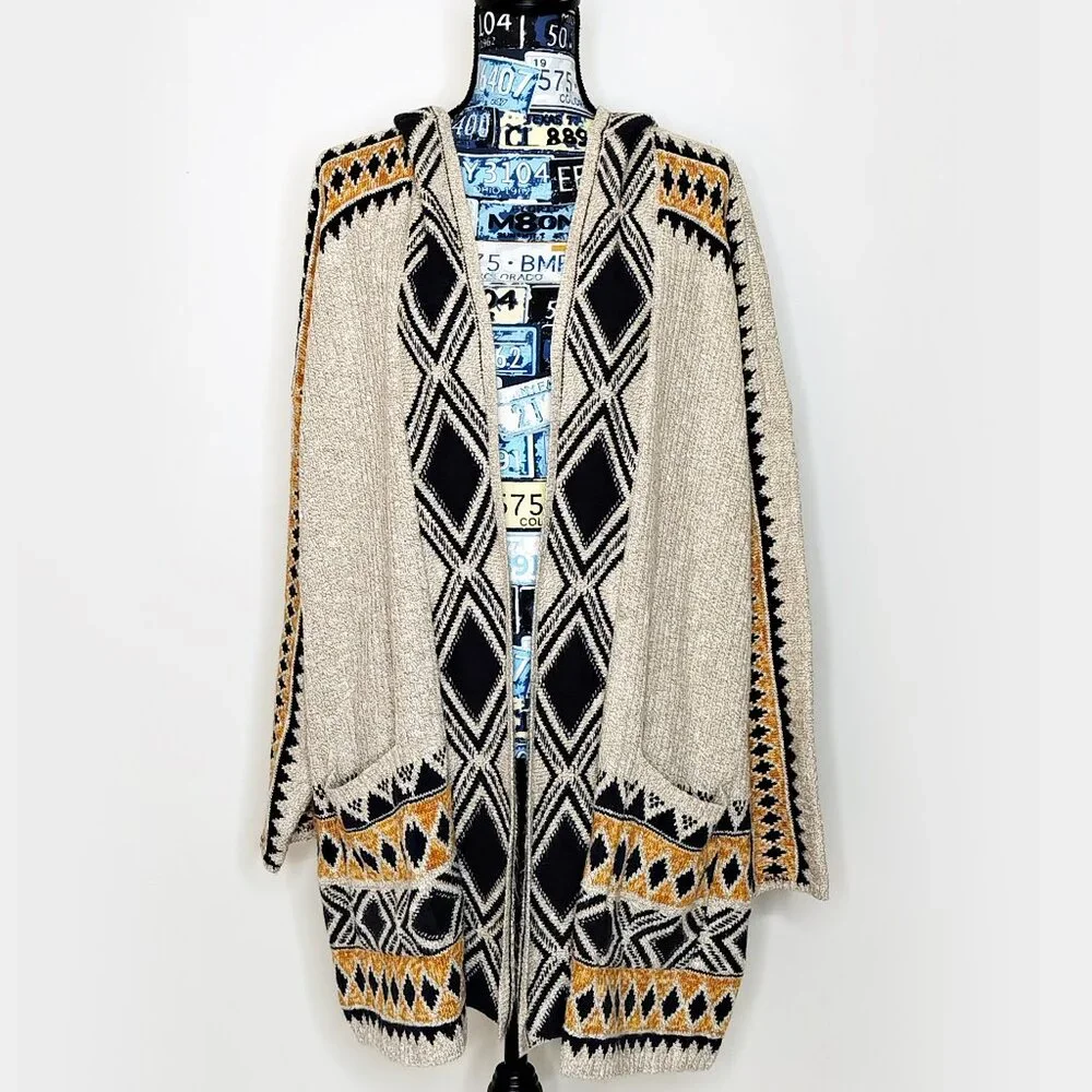 LUCKY BRAND Longline Cardigan Hoodie Open Front Aztec Southwestern Chunky Sz 3X - Picture 2 of 14